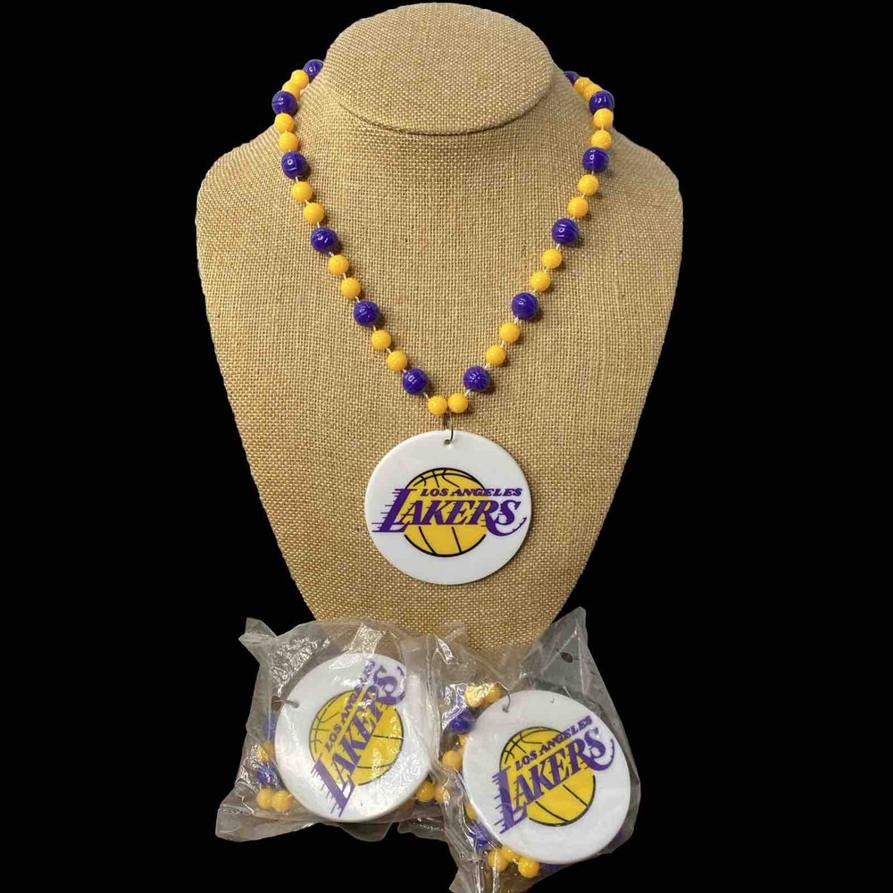 2 VTG NBA Los Angeles Lakers Basketball Bud Light Mardi Gras Beaded Necklaces